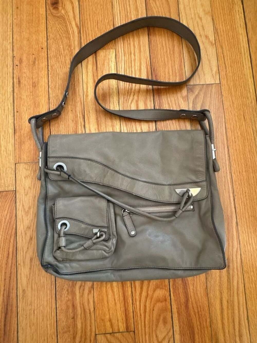 Mimco Bergman Leather Satchel Crossbody Shoulder Bag Cement Gray Taupe Minimalis